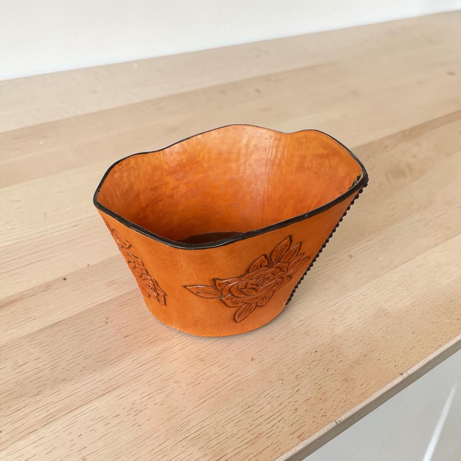 Large Full grain leather, hand made and tooled leather bowl by Cooke's Corner Leather. thumbnail 3